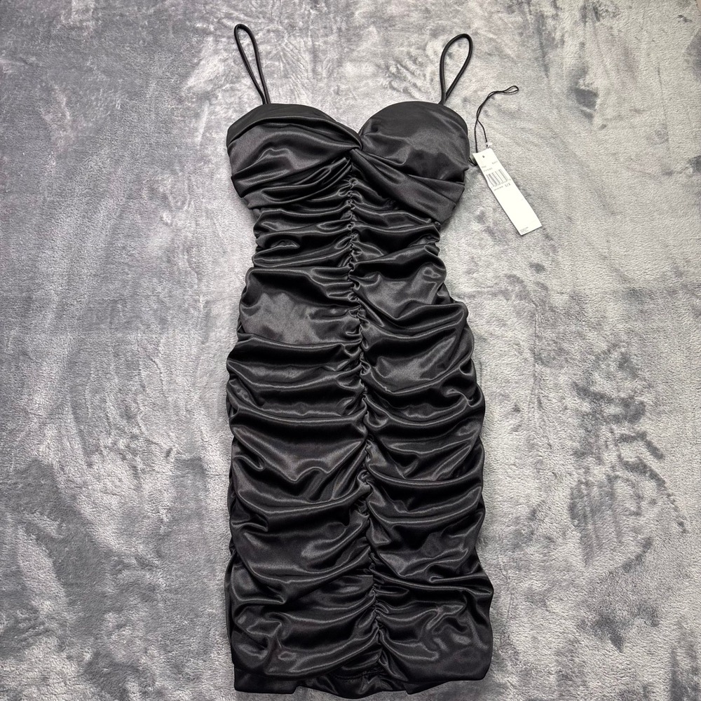 Jump Girl Black Ruched‎ Bodycon Dress Women's Size 1/2 Satin Mini NWT Party Club